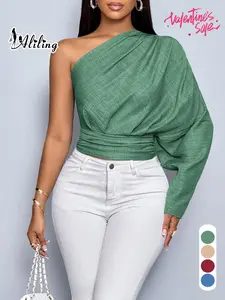 Aliling Sexy Elegant Women's One-Shoulder Long Sleeve Shirt Crop Top Slim-Fit Woven Fabric Casual Fashion for Spring or Summer