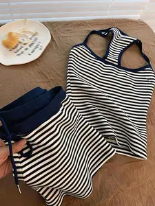 Women’s 2-piece summer set: striped round-neck tank top and drawstring shorts with adjustable straps, contrasting colors