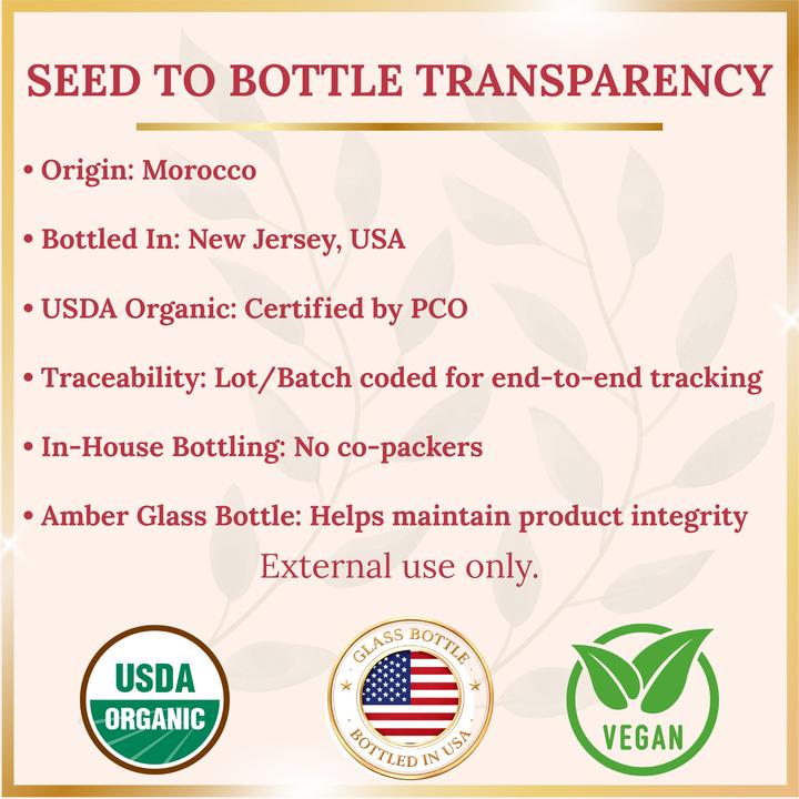 Pomberries USDA Organic Argan Oil 4 fl oz – Cold-Pressed, Unrefined Moroccan Argan Oil for Hair & Skin – Glass Bottle