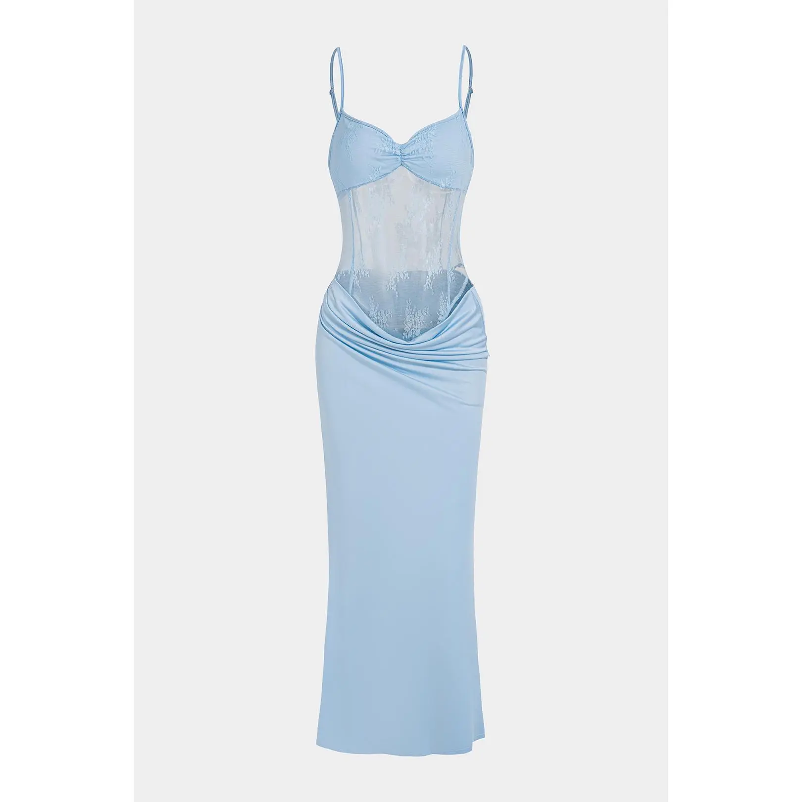 Women's Fitted Sleeveless Lace Patchwork Ruched Cut-Out Casual Slip Maxi Dress, Sexy Night Out Clothes for Women
