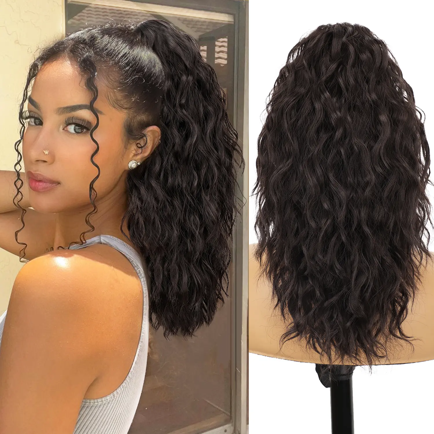 Ponytail Extension 18" Curly Pony Tail Black Brown Clip in Claw Short Ponytail Fluffy Natural Looking Synthetic Hairpiece for Women Easy To Go