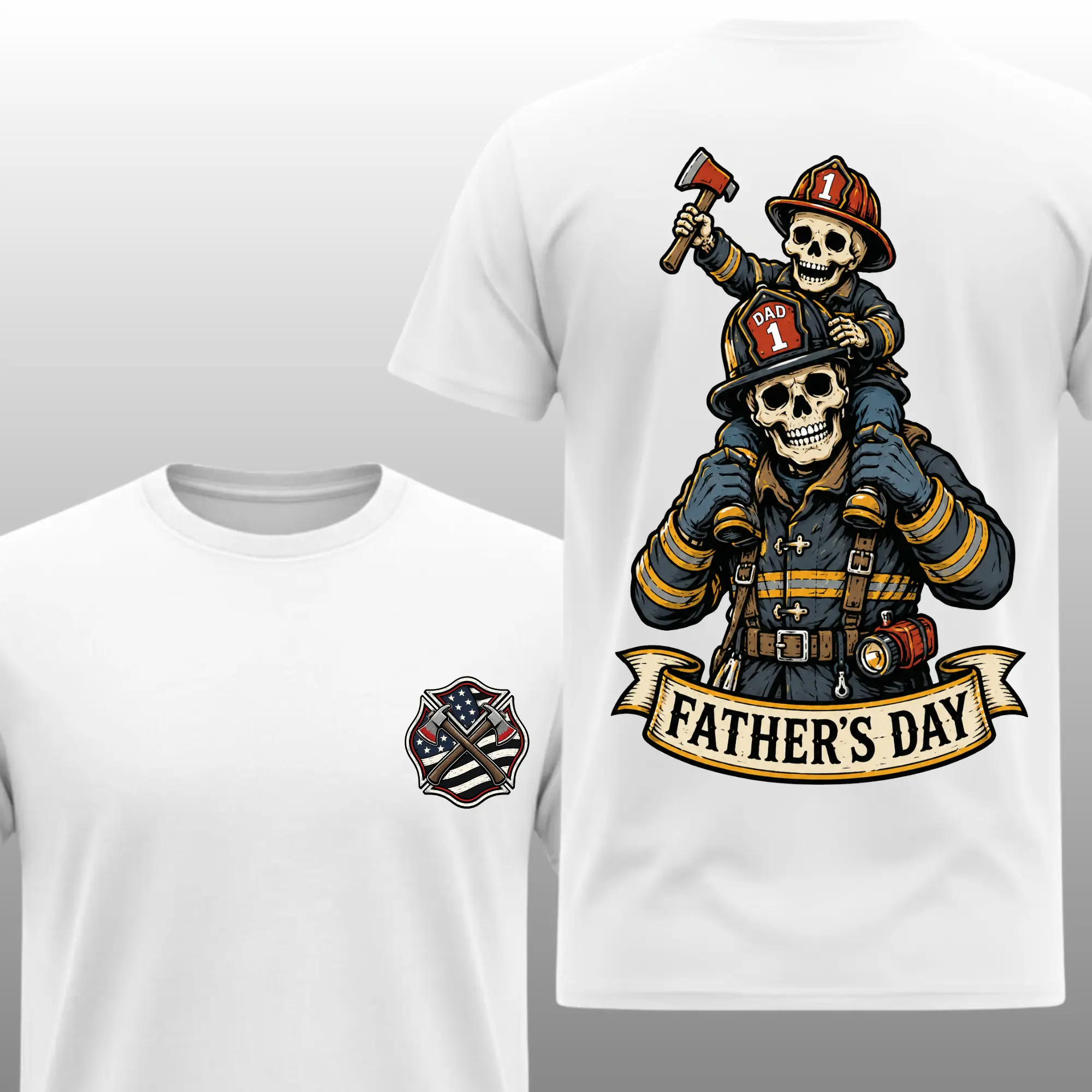 Fathers Day Skeleton Firefighter Dad T Shirt, 2 Sides, Thin Red Line American Flag Tee