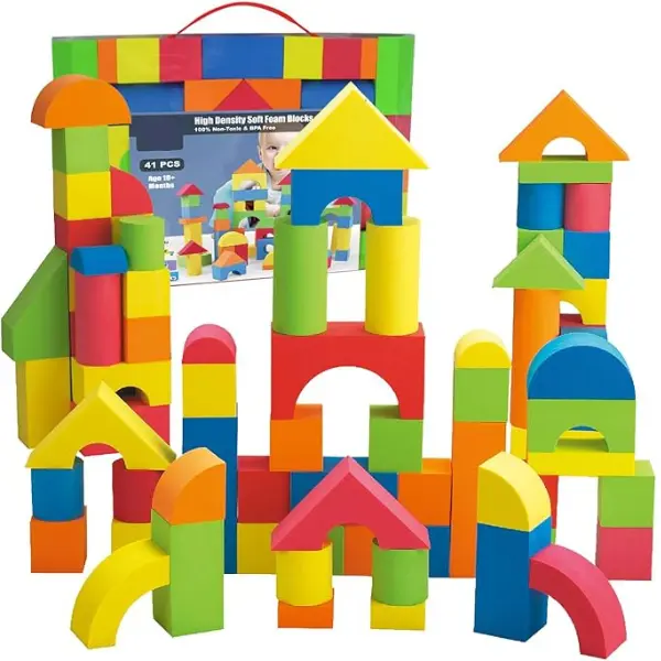 41 PCS Foam Building Blocks for Toddlers Soft EVA Stacking Blocks Baby Bath Toys Montessori Educational Construction Toy Set Sensory Learning Gifts for Boys & Girls 18+ Months