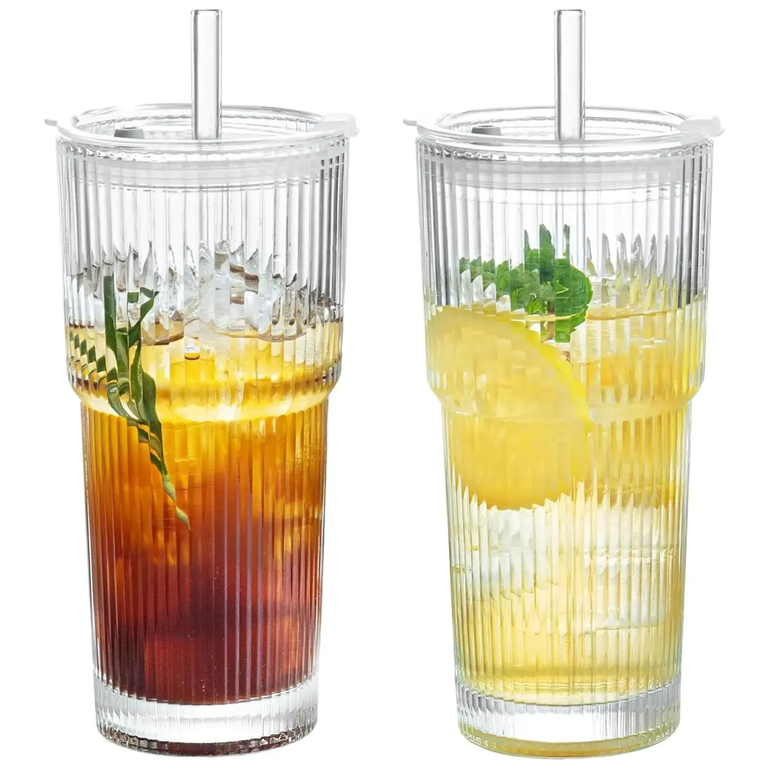 18oz (540ml) Tall Cylinder Durable Ribbed Texture Glass Tumbler - Glass Body, Insulated Leak-Proof Lid, Reusable Beverage Cup for Adults, Home & Party Use, Cold Stays Longer, Handwash Easy Care Kitchen Drinkware, 19Oz