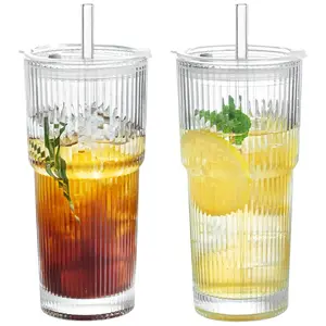Large-Capacity Striped Glass Tumbler with Lid, Reusable Cold-Drink Cup for Juice or Coffee, Hand-Wash-Only Drinkware for Home, Office, Celebrations & Gift