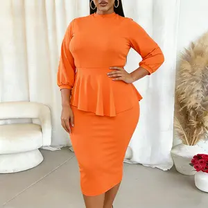 Kafiloe Women's PLUS Ruffle Sleeve Vintage Bodycon Peplum Business Formal Work Pencil Dress in Polyester & Spandex for Plus Size Comfort   prom dress wedding guest dresses Elegant Womenswear