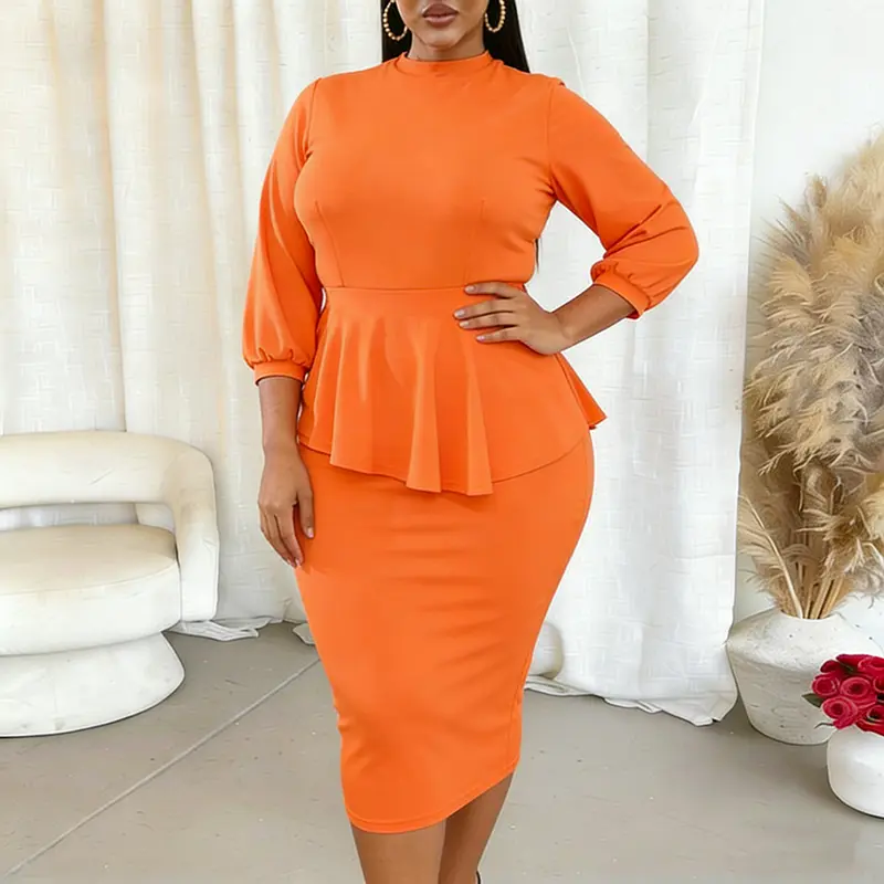 Kafiloe Women's PLUS Ruffle Sleeve Vintage Bodycon Peplum Business Formal Work Pencil Dress in Polyester & Spandex for Plus Size Comfort   prom dress wedding guest dresses Elegant Womenswear Spring