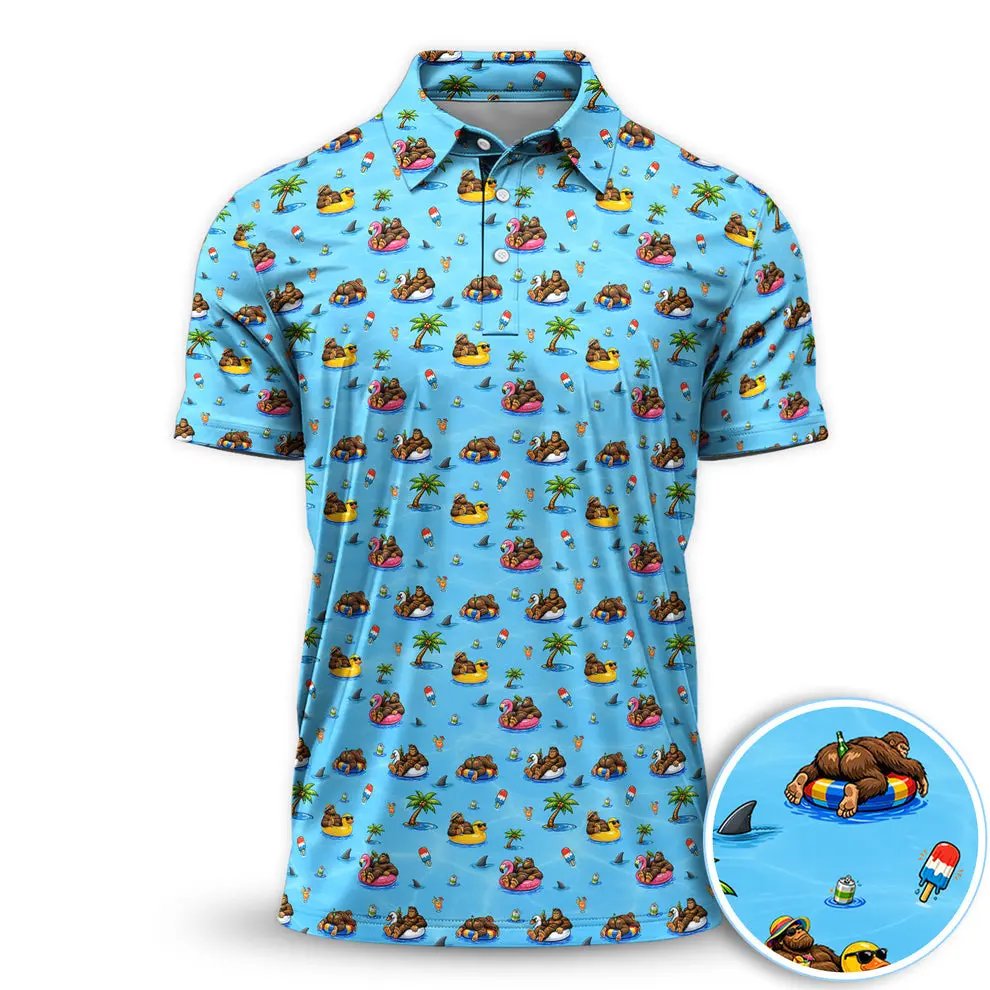 Funny Summer Bigfoot Pool Float Polo Shirt Golf Short Sleeve Outdoors Menswear Tops Classic Print Tops