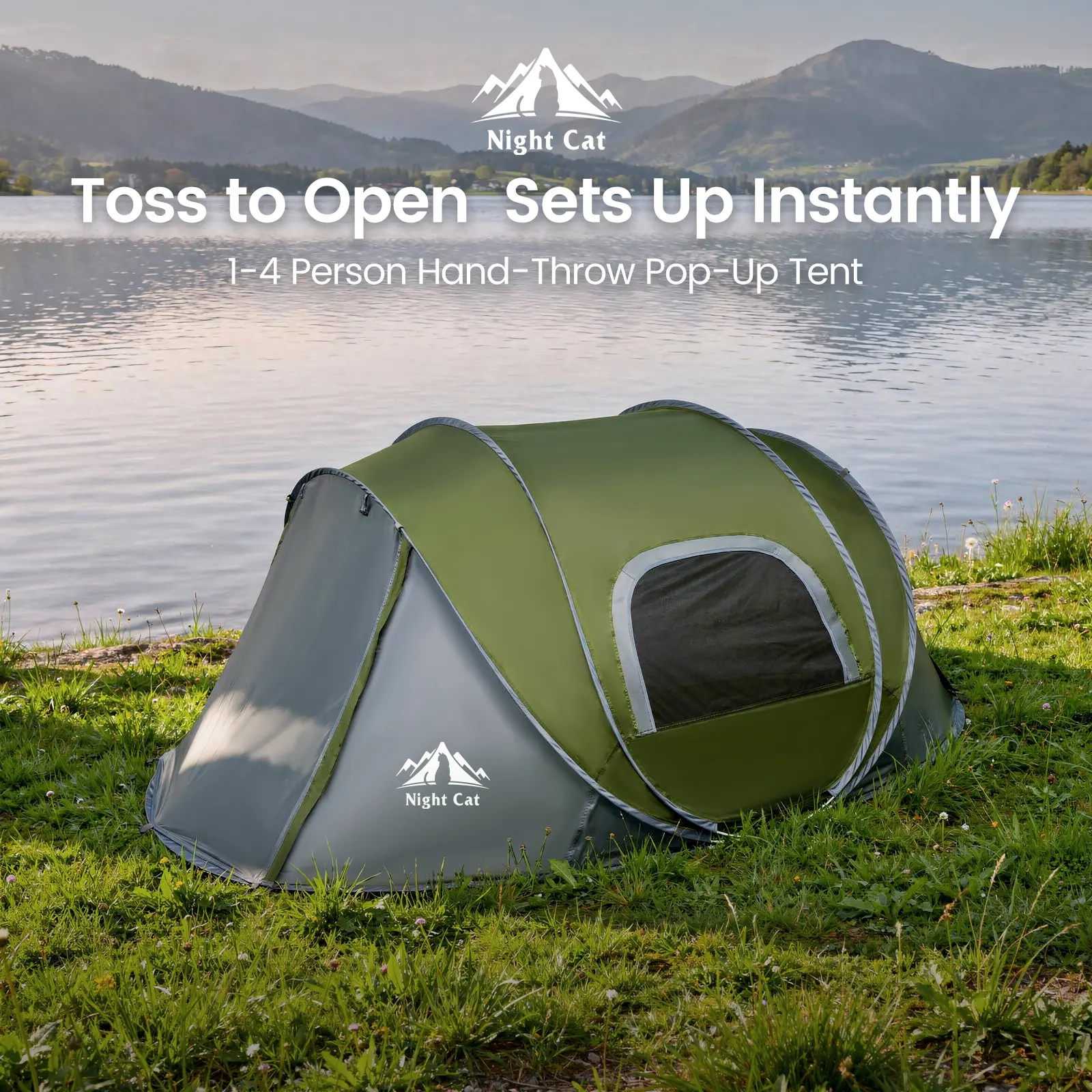 Night Cat 2-4P Instant Pop Up Tent, Spacious Queen Size Fit, Easy Fold Back Design, Rainproof & Windproof, Portable Cabin Tent for Family Vacation, Kids Play Tent, Picnic, Backyard Sleepover & Outdoor Events
