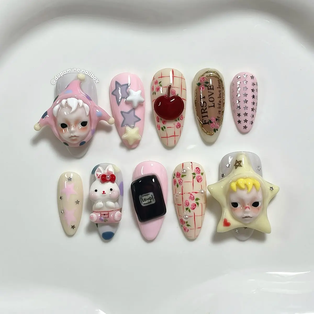 Fantasy Press On Nails Handmade 3D Character Pastel Star Reusable Nail Set | Free Adhesive Tabs, Nail File & Cuticle Stick