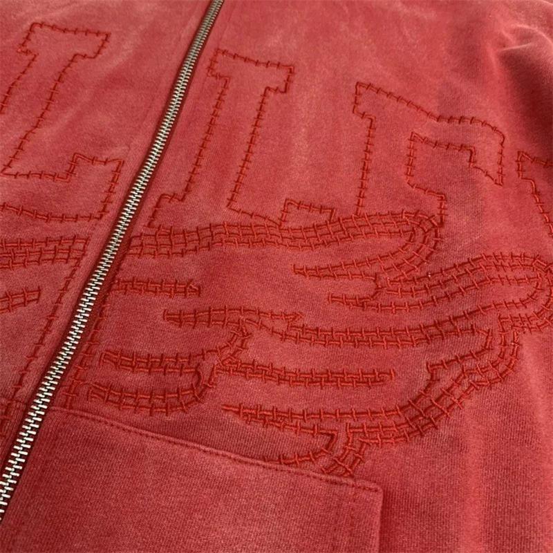 Ebb Supply Red Washed VALLEY Oversized Hoodies Men Women American Pure Cotton Vale Embroidered Logo Zip Jackets Casual Outerwear