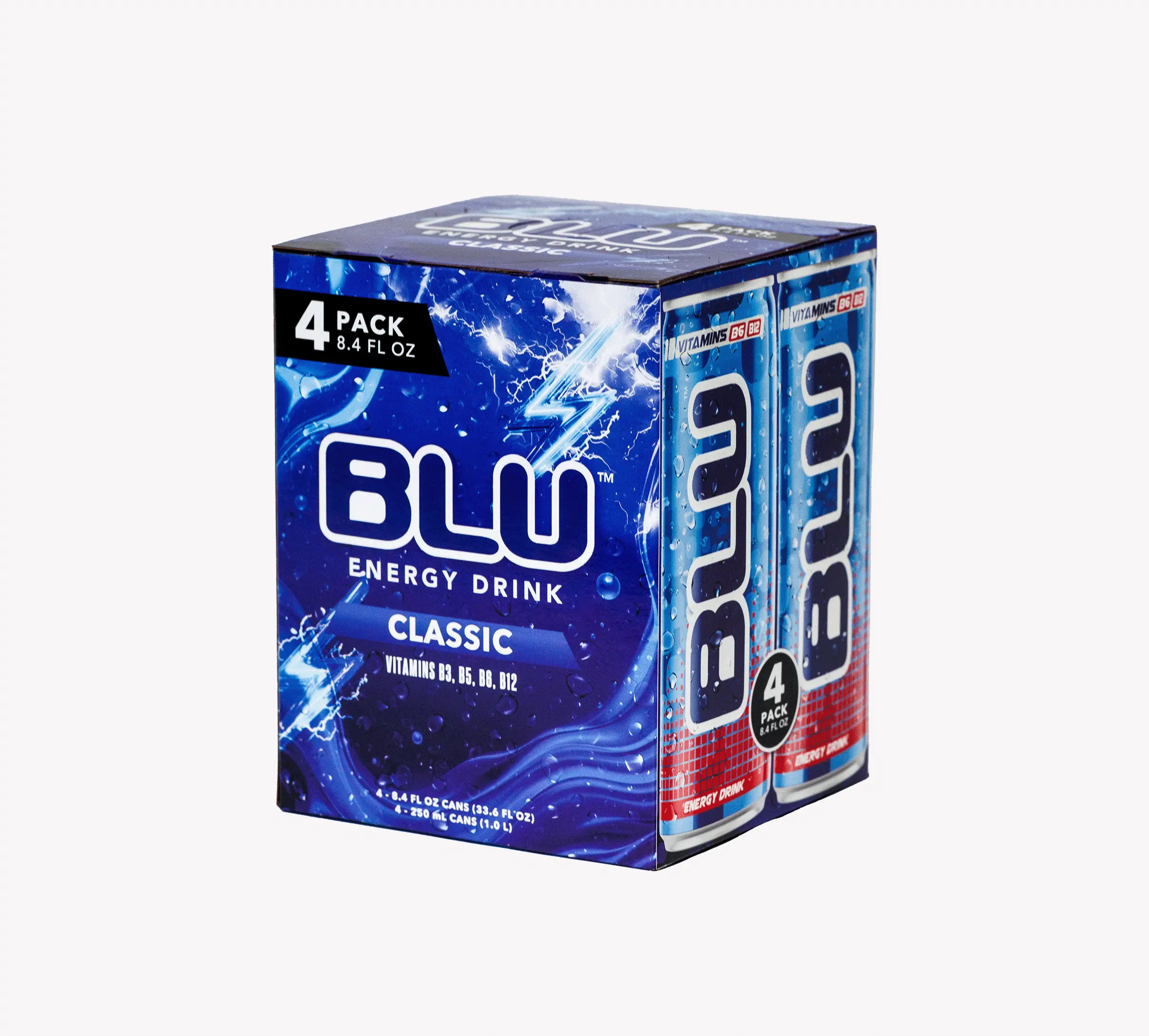 BLU Classic 4-Pack Energy Drink - Smooth Refreshing with B Vitamins B3 B6 B12 for Focus & Energy - 8.4 fl oz - Clean Energy Beverage