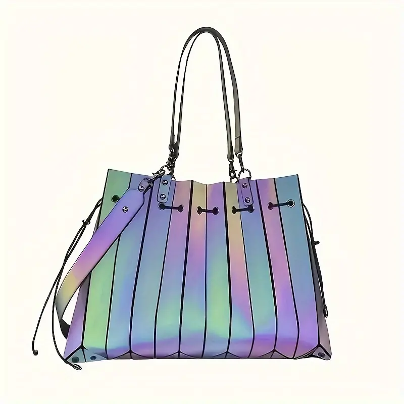 Women's Luminous Holographic Tote Bag, Casual Geometric Metallic Shoulder Bag with a High-Capacity Drawstring Closure, Drawstring Bag