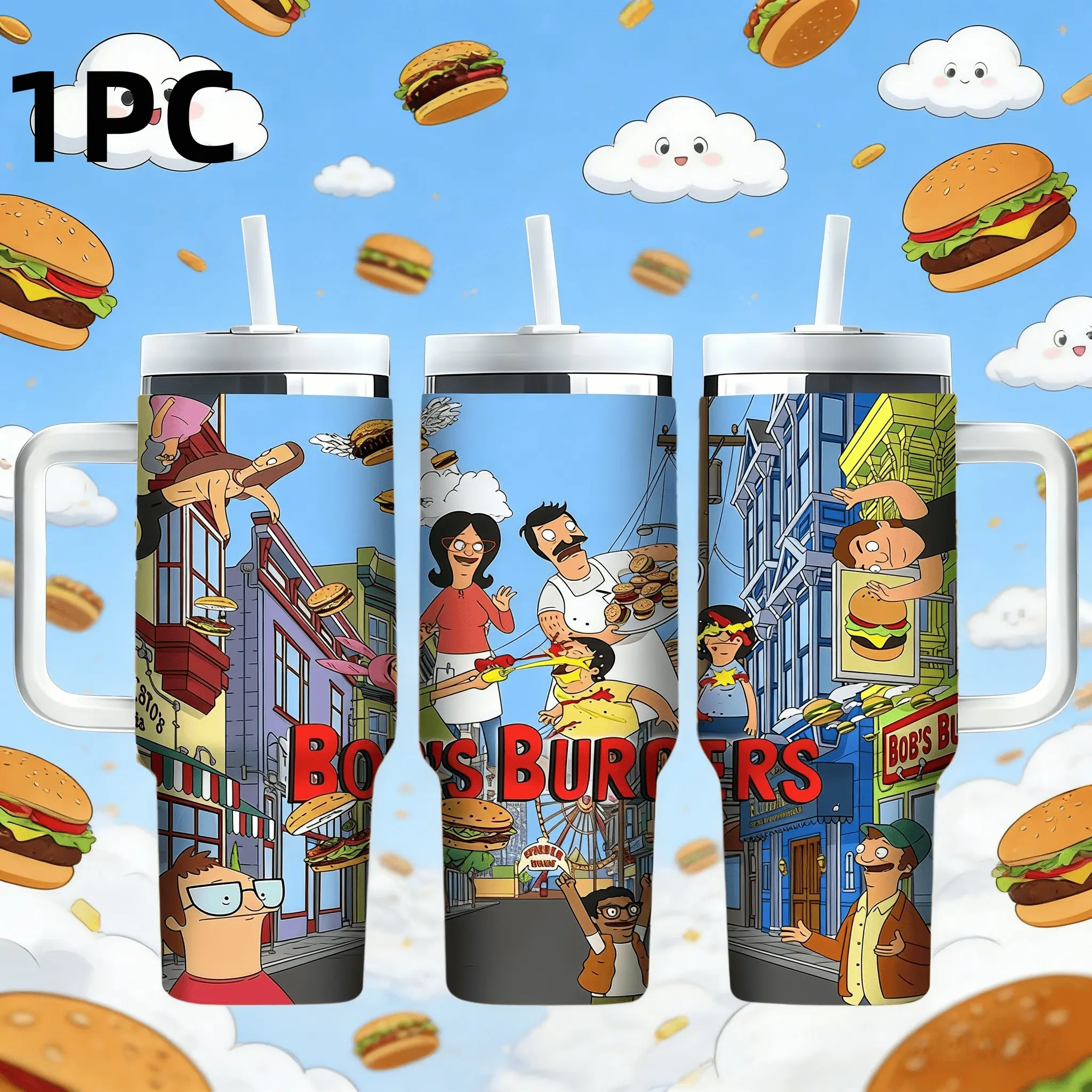 1pc 40oz Happy Burger Shop Flying Burger City-themed Insulated Tumbler cup for Bob's Burgers - Cartoon-themed accessories made of stainless steel with handle and straw