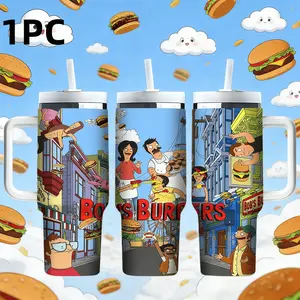 1pc 40oz Happy Burger Shop Flying Burger City-themed Insulated Tumbler cup for Bob's Burgers - Cartoon-themed accessories made of stainless steel with handle and straw