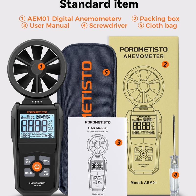 POROMETISTO AEM01 Digital Anemometer 0.8~40m/s Wind Speed Meter Handheld Humidity Air Velocity Airflow -20~60°C Temperature Test