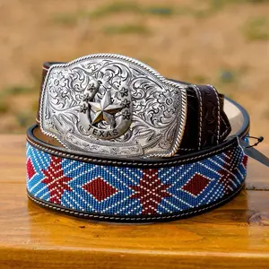 2 Inch Hand-Tooled Artesanal Beaded Leather Belt 2 Inch Hand-Tooled Artesanal Beaded Leather Belt