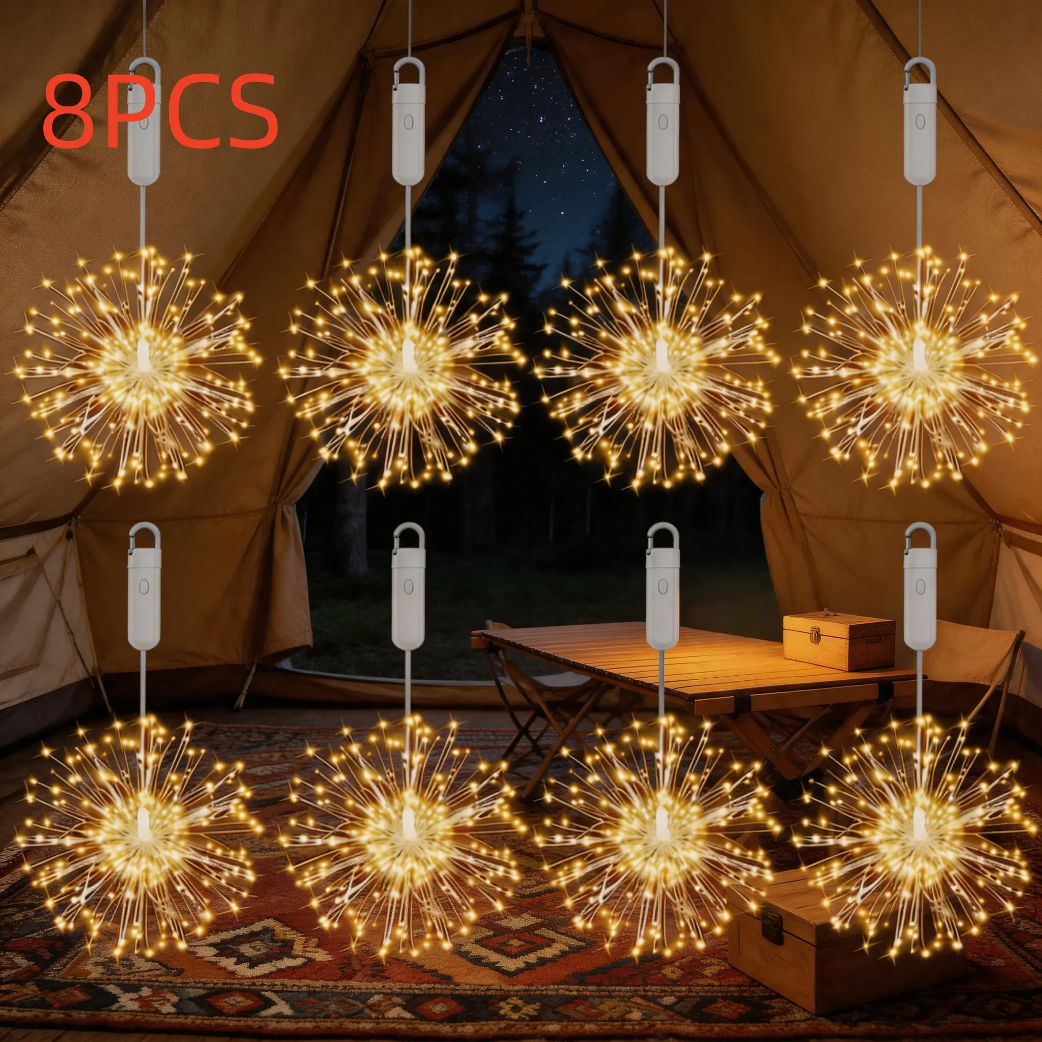 Set of 4 or 8 Hanging Fairy Lights, Warm White, with No-Drill Hooks—Perfect for Indoor and Outdoor Decor. Ideal for home decor, including curtains, headboards, outdoor patios, eaves, gardens, trees, tents, and festive parties.