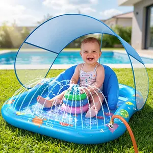 DSQUU Baby Splash Pad with Sprinkler, Inflatable Baby Pool Float with Canopy, Backrest & Stackable Rings, Baby Pool Sprinkler Mat for Toddlers, Summer Outdoor Water Play Toys for Backyard, Garden & Beach