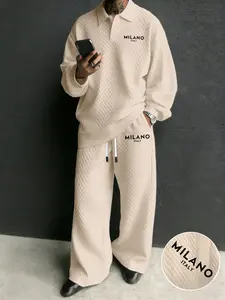 Men's 2-Piece Set with Textured Fabric Polo Long Sleeve Shirt and Straight-Cut Pants, Casual Milano Print, Perfect for Spring & Fall Outings