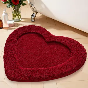 LUMIRUGS Shaggy Heart Shaped Bathroom Rug  Ultra Absorbent Burgundy Red Plush Bath Mat, Non-Slip Soft Floor Mat for Tub/Shower, Cute Bathroom Decor Rug