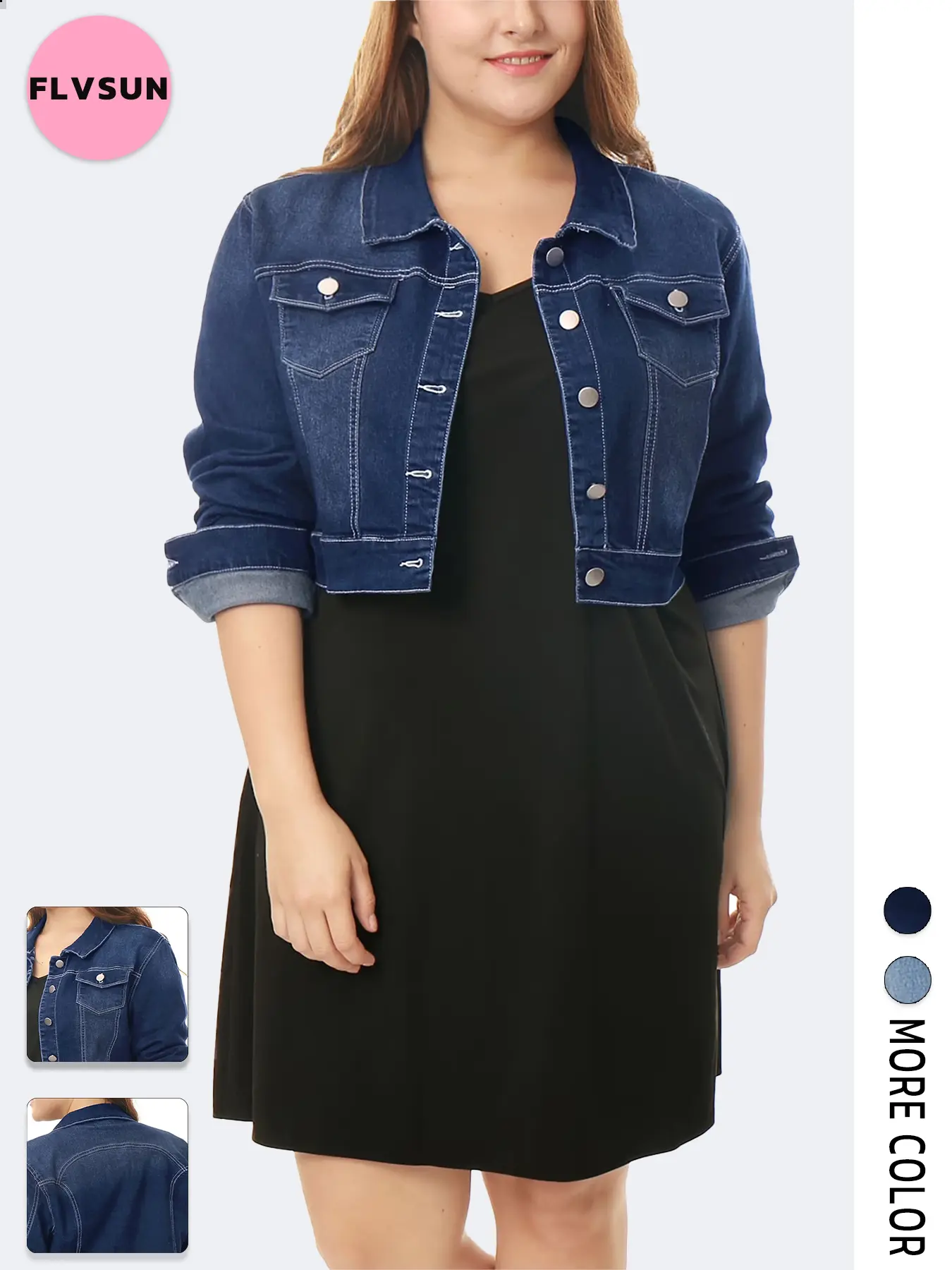 Flvsun Women's Plus Size Vintage Cropped Classic Denim Cowboy Coat - Lightweight Long Sleeves, Button-Front, Pocketed, Soft Breathable Basic Fabric, Minimalist Essential Top for Casual Pairing with Dresses, Skirts; Graphic Hoodie Vest Combo