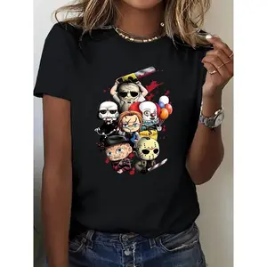 Horror Clown Pattern Printed T-Shirt for Women, Casual Summer Crew Neck Short Sleeve Fitted Top, High-Quality Cotton Blend, Perfect Gift for Holidays Tee Womenswear