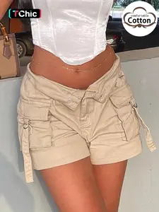 Women's Khaki Comfort Cotton Cargo Shorts | High Waist Casual Summer Shorts with Multi Pockets | Trendy Utility Streetwear for Daily, Beach & Outdoor | Soft Breathable Fabric, Stylish Side Tie Detail | Perfect Y2K & Casual Outfit Essential