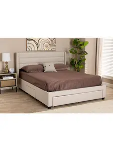 212 MAIN Mid-Century Modern Transitional Full Size Storage Bed - Beige Fabric & Dark Brown Engineered Wood Platform Bed with 3 Storage Drawers, Channel Tufted Design, Mattress Full Size Compatible, Full Size Bed