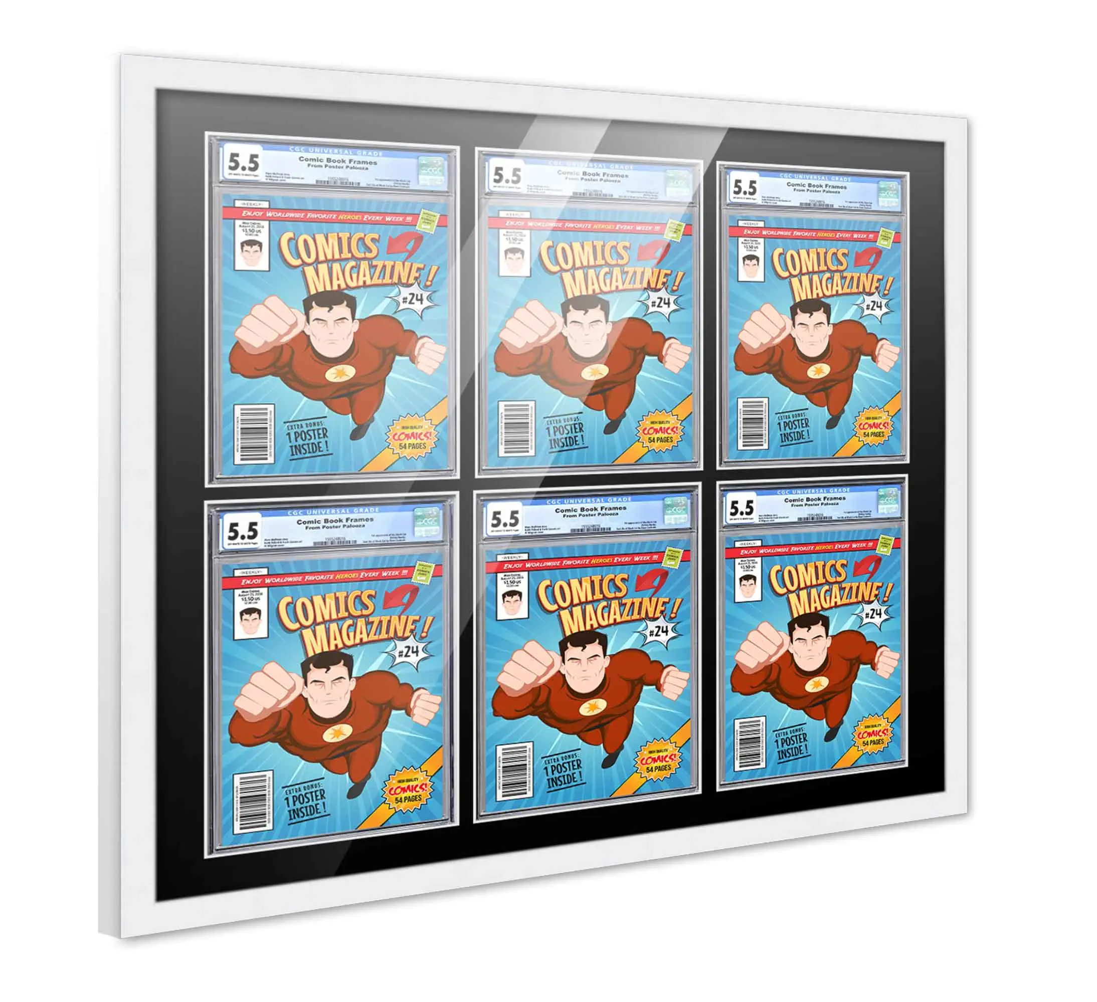 Comic Book Frame with Mat for 6 Graded Comics - White Wood Comic Frame With Black Mat for 8.125x13 Comics - 30x30 Frame Size