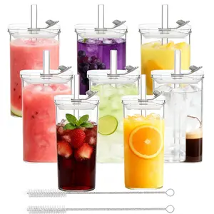8 Sets Square Drinking Glass Cups, Old Fashioned Glasses, 12 Oz Square Glasses, Clear Highball Modern Glassware Tumbler Mixed Drinkware with Straws for Cocktail Coffee Juice Beer (Square-8PCS)