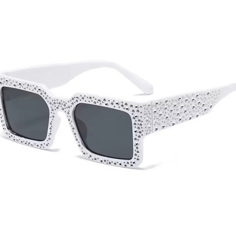 Luxury Square Sunglasses Women Men Fashion White Frame with Sparkling Rhinestones on Arms