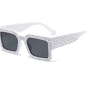 Luxury Square Sunglasses Women Men Fashion White Frame with Sparkling Rhinestones on Arms