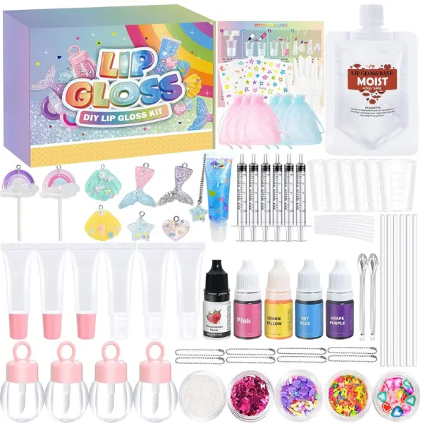Summer Spring Gift Make Your Own Lip Gloss Kit Lip Gloss Making Kit, 64PCS Fun Keychain DIY Lipgloss Sets for Girls, Flavored Moisturizing Glitter Lip Kit, Kids Lip Gloss, Tween Girls Trendy Stuff