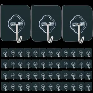 Stainless Self Sticky Hooks 50 Pack - Waterproof & Rustproof Clear for Bathroom Kitchen Office Indoor Outdoor Use Organiser Transparent Wall Decor