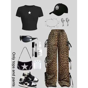 2-Piece Women's Star Print Crop Top and Leopard Pants Set, Short Sleeve Tee with Tie-Detail Leopard Long Pants, for Casual Street Style