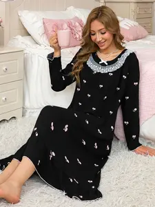 Sweet Black Cherry Print Ruffle Nightgown Women's Lace Neck Long Sleeve Sleepwear Cozy Loungewear Dress