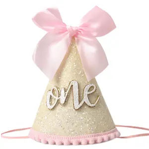 Shiny Bow 1st Birthday Hat - 1 st scene accessories Girl Birthday Decor,Sweet One Decor,Shiny 1st Birthday Hat,First Birthday Crown For Girls,Shiny Cone Hat For Cake Smash,Cake Smash Photo Prop ,Cotton Lightweight