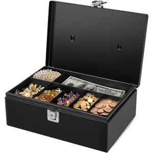 Box with  Tray and Lock - Metal  Box for  Storage with Secure Latch Lock & Key, Black Petty  Box with 7 Compartment  Tray for Small Businesses, 11x7.7x3.5 Inches