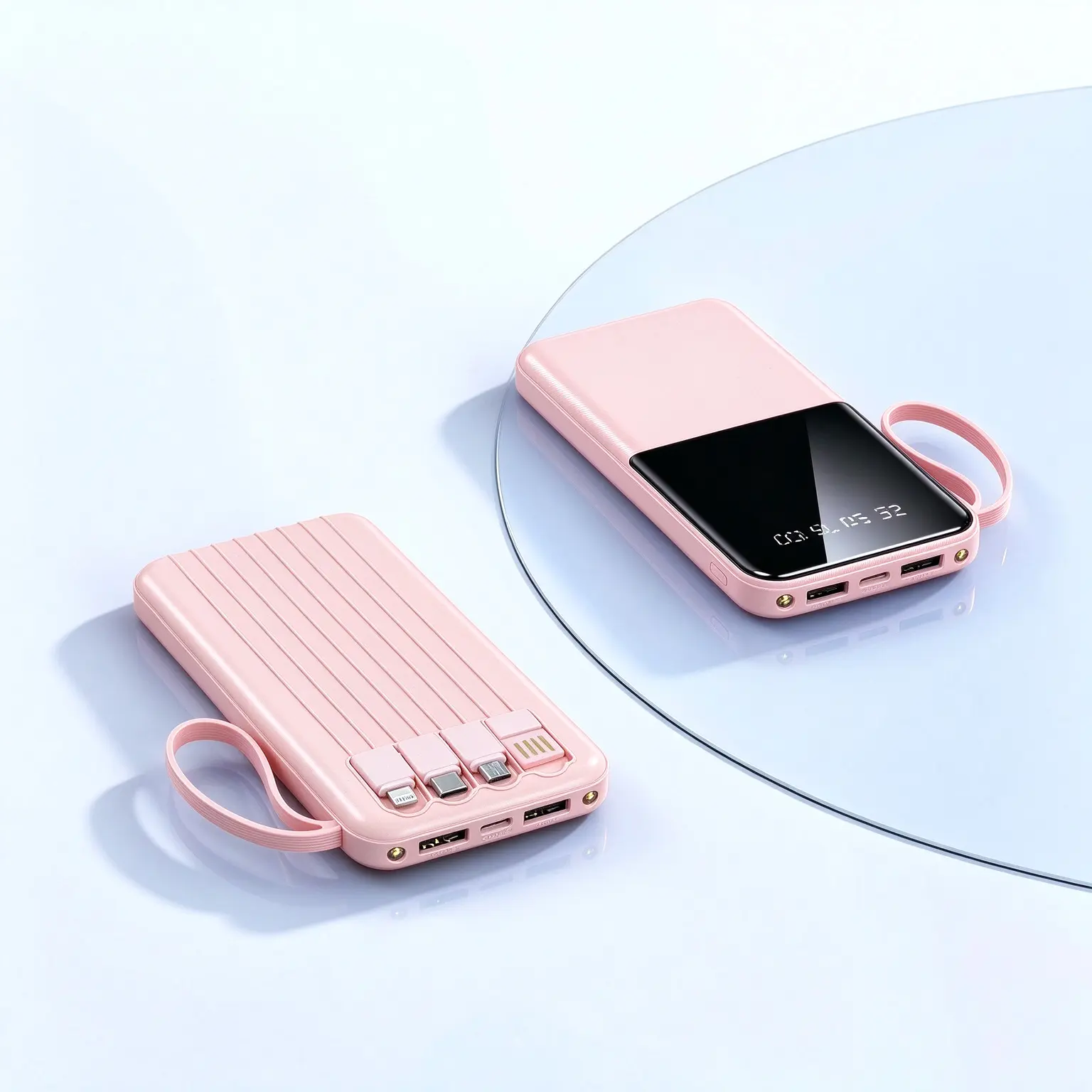 10000mAh portable charger - mobile power bank, equipped with USB-C and Lightning data cables, intelligent display screen, outdoor emergency flashlight, supports simultaneous charging of multiple devices