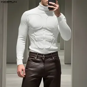 INCERUN Menswear Ribbed Textured Panel Knitwear Turtleneck Shirt - Slim Fit, Minimalist Plain Fabric Long-Sleeve Top - Streetwear Casual Daily Layer