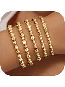 5-6 Pcs Gold Bracelet for Women, 14K Gold Plated Beaded Bracelets Stack Stretch Adjustable Bead Bracelets Gold Silver Jewellery Set for Womens Stackable Bracelet