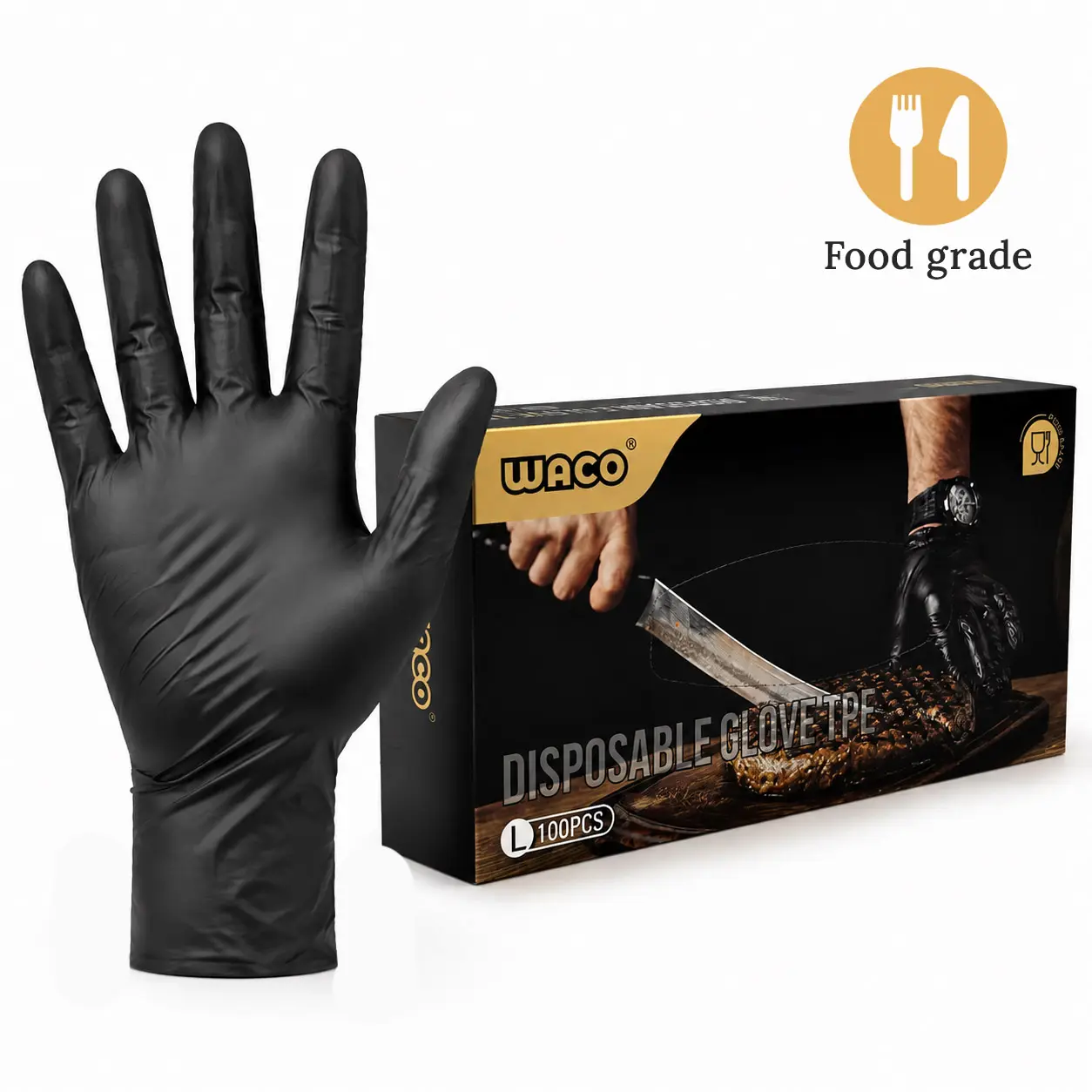 Black Disposable TPE Gloves, Food Grade Latex Free & Powder Free, 100 Pack Heavy Duty Tear Resistant High Stretch Gloves for Cooking, Food Prep, Cleaning, Pet Grooming, Touchscreen Friendly Kitchen Gloves