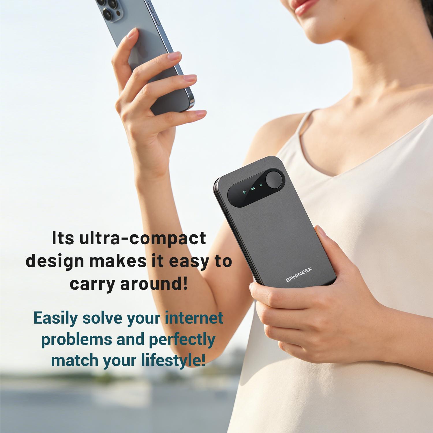 Portable WiFi supporting 120+ countries, automatic switching between AT&T/T-Mobile/Verizon networks, 150Mbps 4G LTE speed, FCC certified, pocket-sized, suitable for airports, RVs, date rescue, and more. Includes 1GB of data.