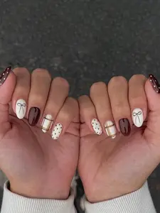 24PCS Medium Oval Press-On Nails – Vintage Brown Checkered & Polka Dot Bow Design, Simple Stylish False Nails for Daily Wear, Dates & Party Outfits