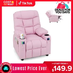 COSTWAY Kids Recliner Chair with Cup Holder, Adjustable Lounge Chair w/Footrest & Side Pockets for Children Boys Girls Room, Ergonomic Toddler Furniture Sofa, Kids Recliner,4th of july decor, dad gift