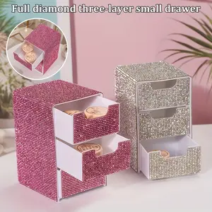 Elegant Three-Tier Jewelry Organizer Box, Style Desktop Storage Container, Full-Diamond Design for Cosmetics & Accessories