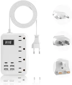 European Travel Plug Adapter,  to  Travel Power Strip with 6 USB(2 USB C) 4 Outlets, International Universal Travel Power Adapter with 3ft Extension Cord for EU UK France   Cruise