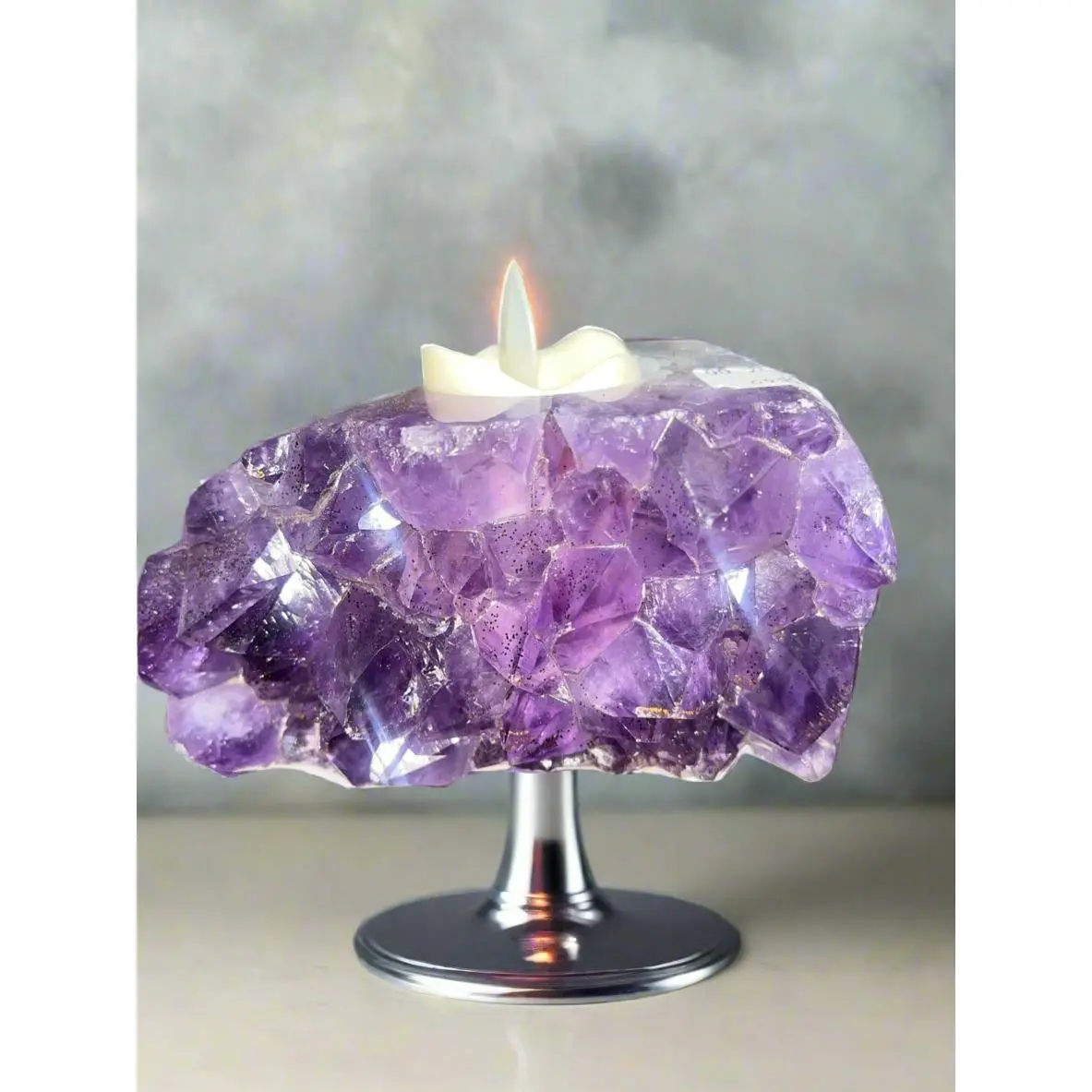 Brazilian Grade A Amethyst Candle Holders - Purple Quartz Crystal Centerpiece for Home Decor & Spiritual Protection Ornaments