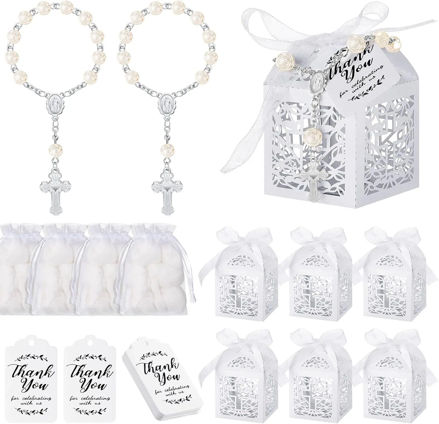 100-Pcs Baptism Souvenir Favors Set - 25 Mini Rosaries, Hollow Light Laser Cut Boxes, White Organza Bags, 25 Thank You Tags for Baptism Party Decoration Supplies (Silver) - Home Improvement Building Supplies